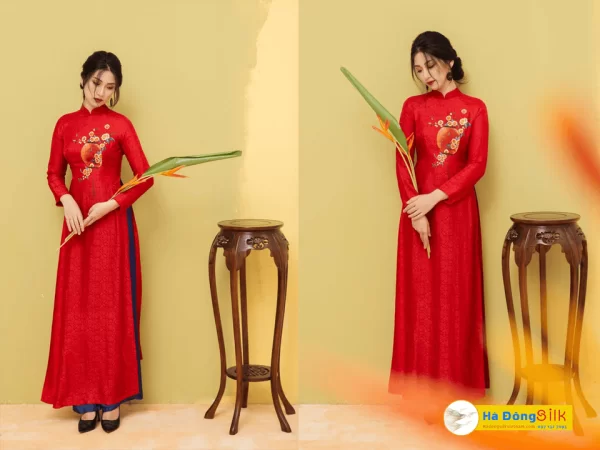 Vải lụa Hà Đông cúc đỏ