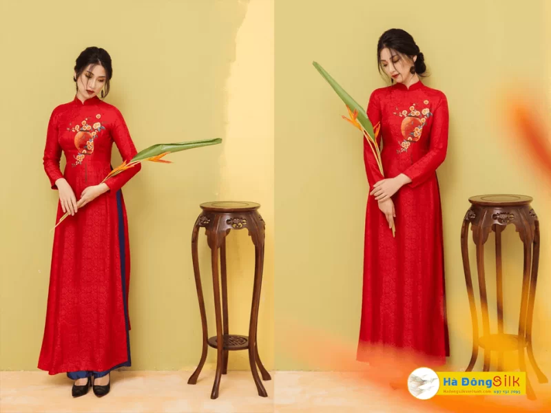 Vải lụa Hà Đông cúc đỏ