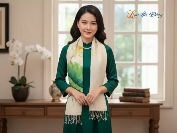 Khăn lụa Đũi trắng vẽ sen 100% silk 80x180 tua rua KLTA80180/10