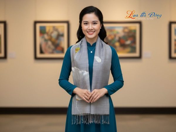 Khăn lụa Đũi xám vẽ sen 100% silk 80x180 tua rua KLTA80180/9