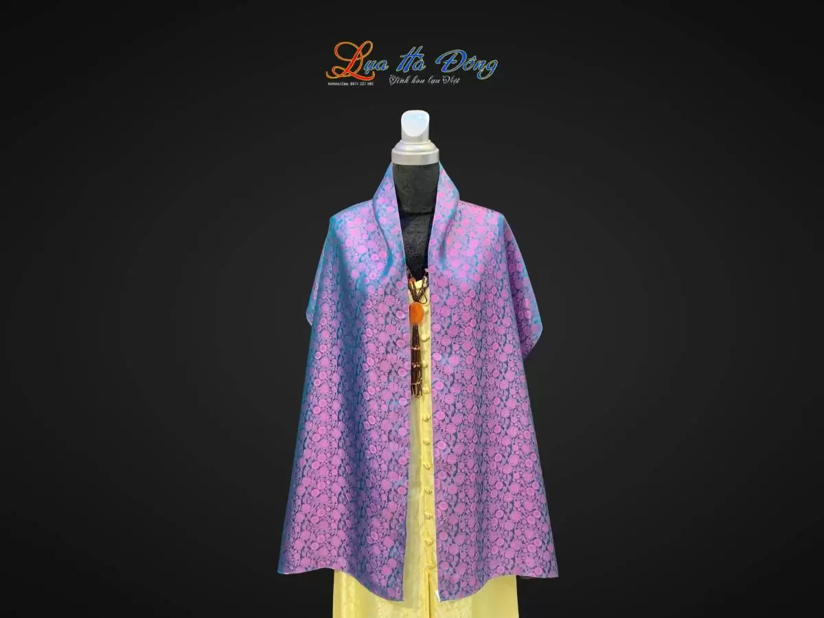 Khăn lụa dài họa tiết hồng thọ tím xanh Khăn lụa dài họa tiết hồng thọ tím xanh