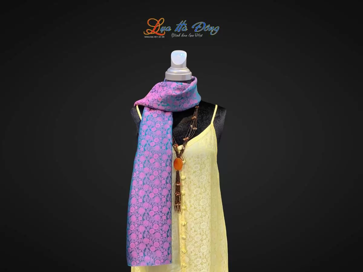 Khăn lụa dài họa tiết hồng thọ tím xanh Khăn lụa dài họa tiết hồng thọ tím xanh