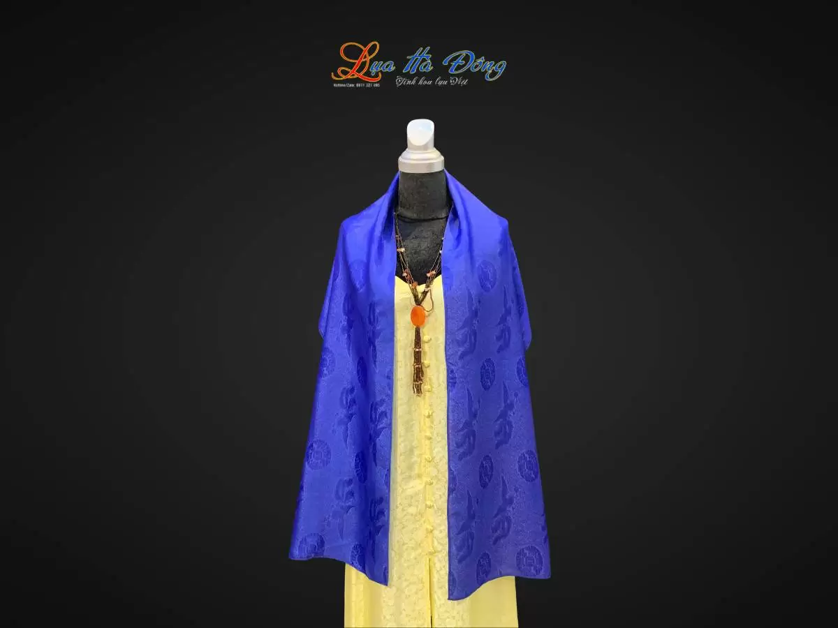 Khăn lụa dài họa tiết phượng thọ xanh dương Khăn lụa dài họa tiết phượng thọ xanh dương