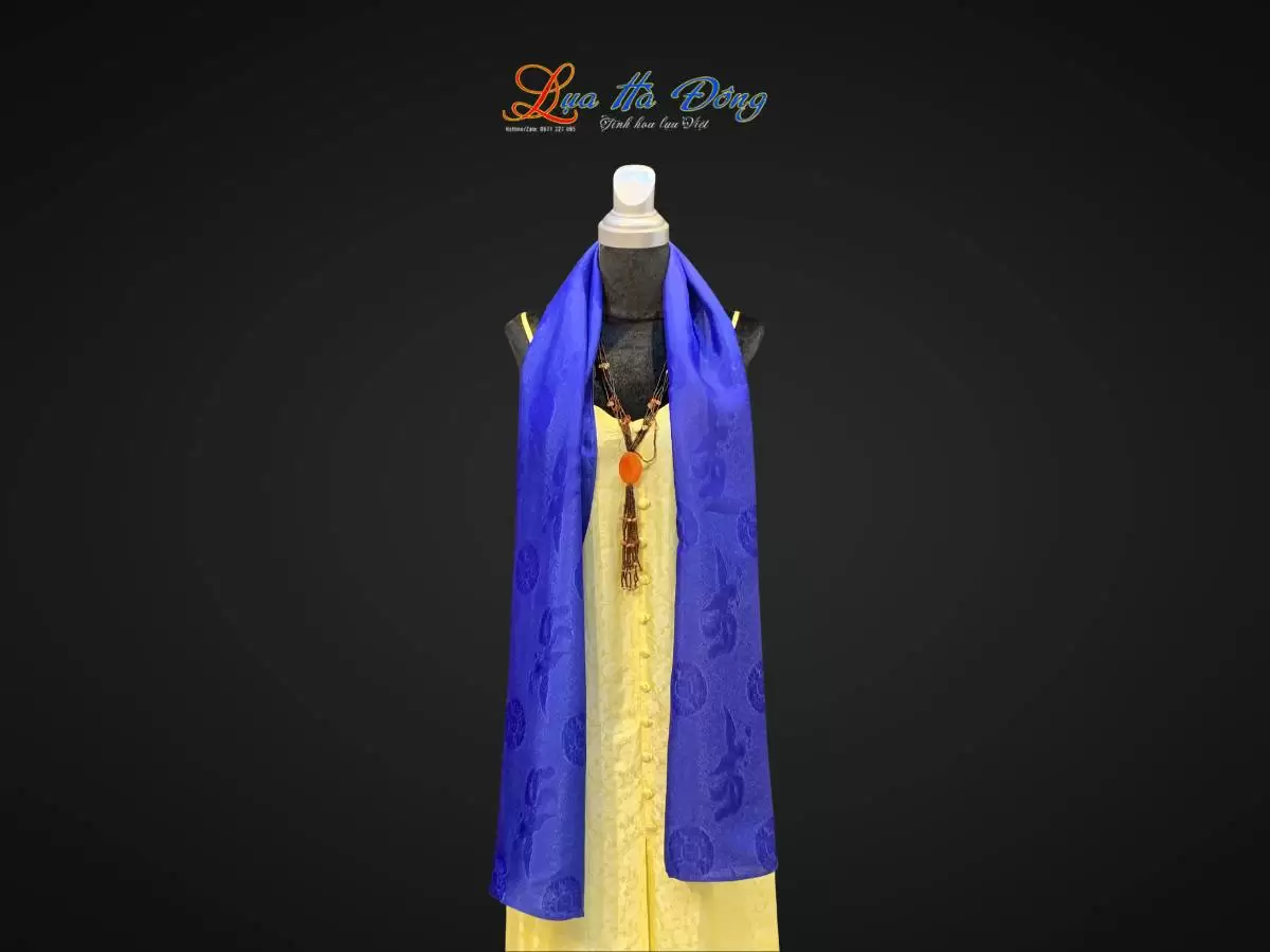 Khăn lụa dài họa tiết phượng thọ xanh dương Khăn lụa dài họa tiết phượng thọ xanh dương