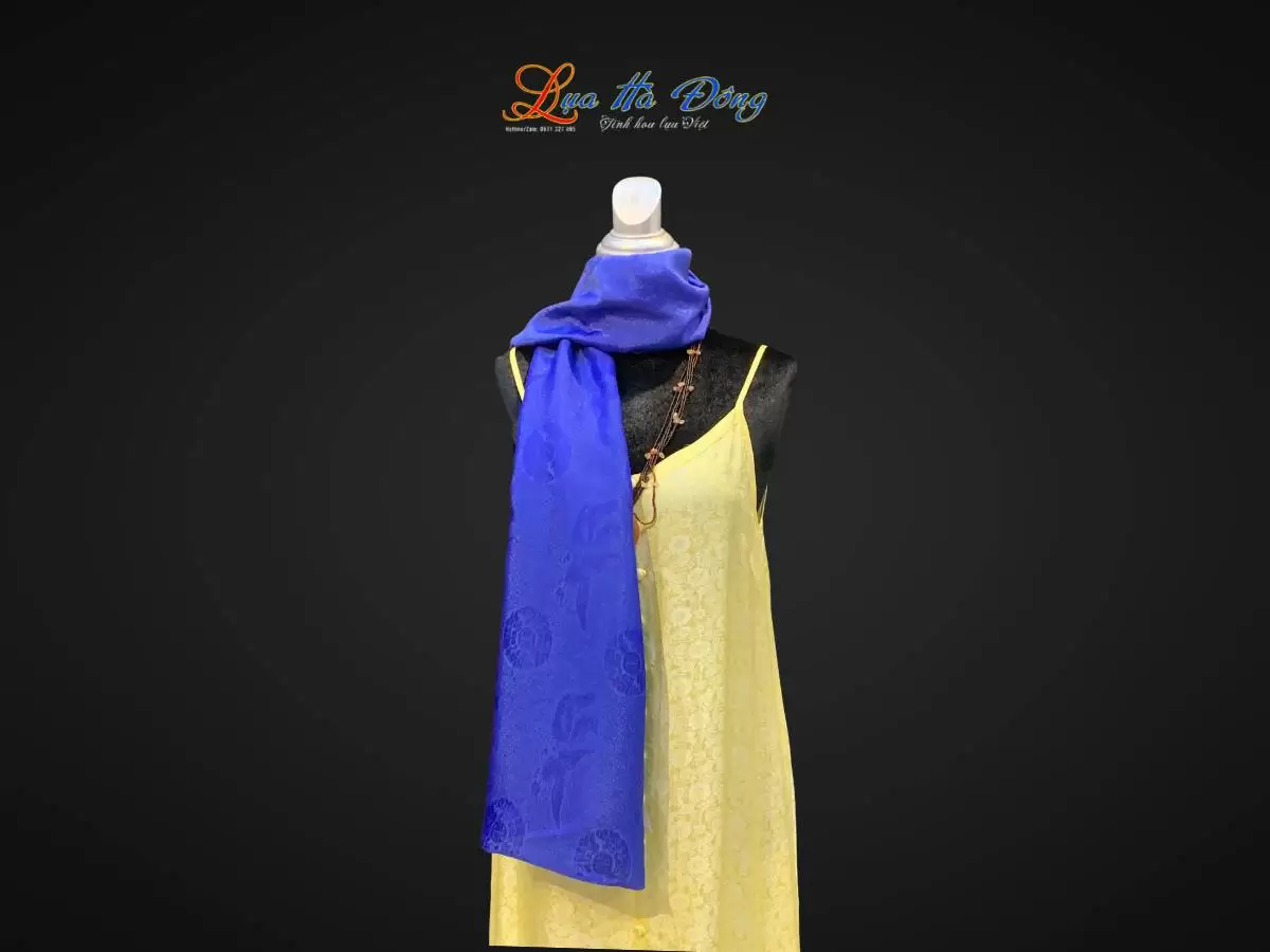 Khăn lụa dài họa tiết phượng thọ xanh dương Khăn lụa dài họa tiết phượng thọ xanh dương