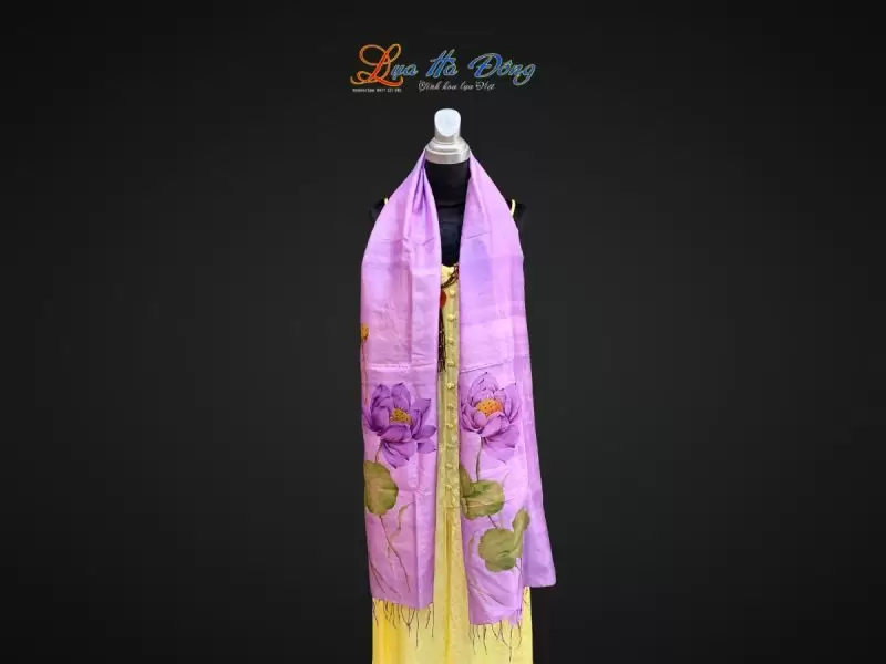 Khăn lụa tơ tằm vẽ tay hoa sen tua rua 100% silk