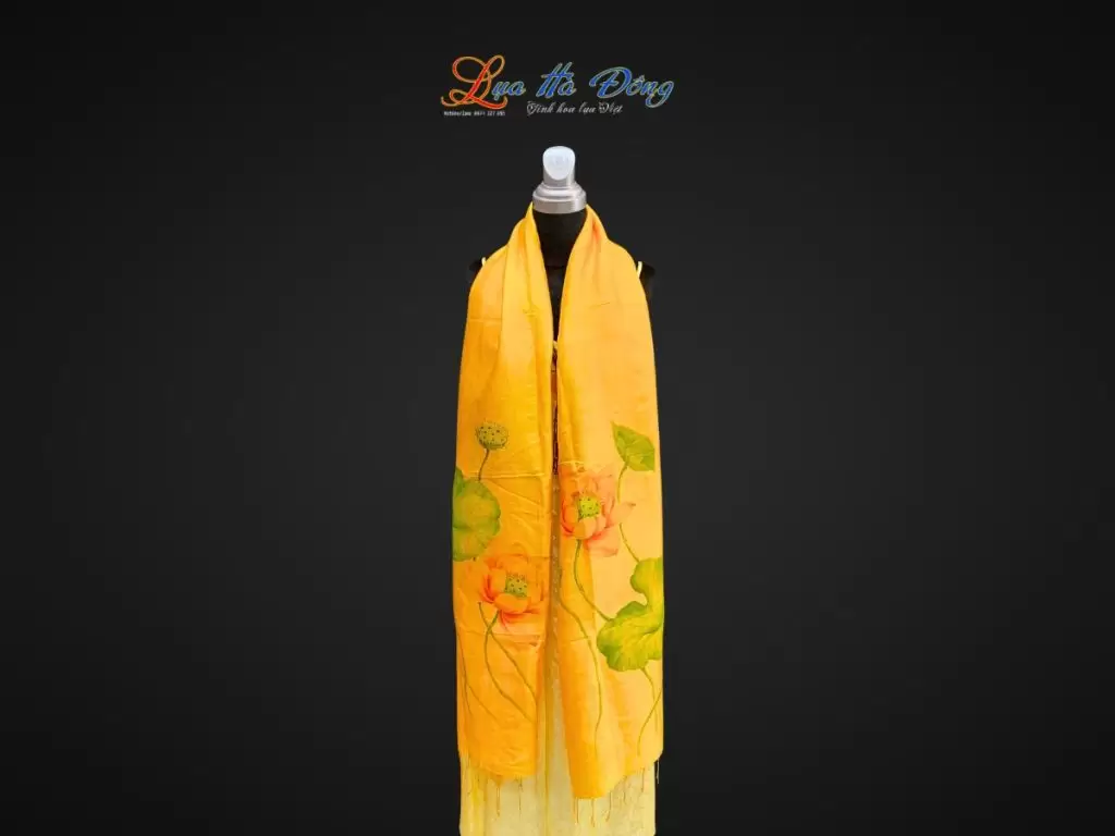 Khăn lụa tơ tằm vẽ tay hoa sen tua rua 100% silk
