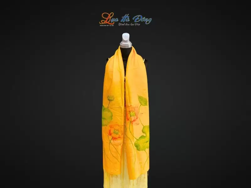 Khăn lụa tơ tằm vẽ tay hoa sen tua rua 100% silk