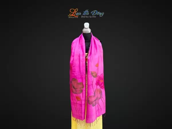 Khăn lụa tơ tằm vẽ tay hoa sen tua rua 100% silk