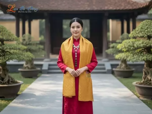 Khăn lụa thêu tay mai nhí vàng đồng