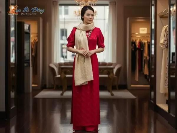 Khăn lụa thêu tay mai nhí vàng đồng nhạt