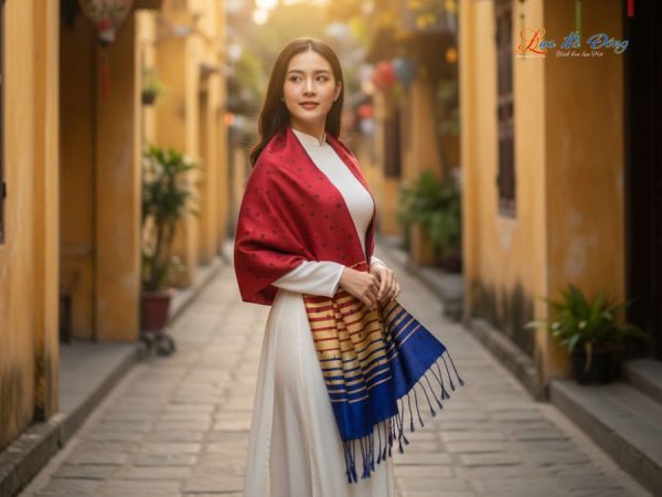 Khăn Lụa Tơ Tằm Họa Tiết Lá Dâu Đỏ