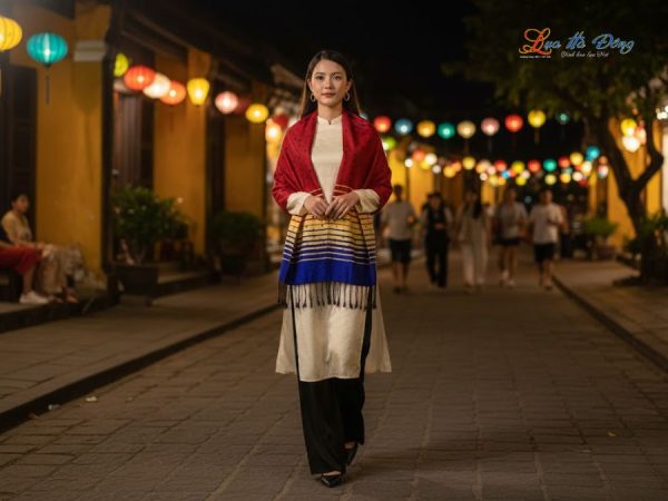 Khăn Lụa Tơ Tằm Họa Tiết Lá Dâu Đỏ