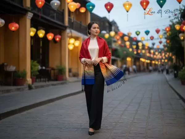 Khăn Lụa Tơ Tằm Họa Tiết Lá Dâu Đỏ