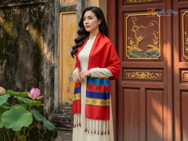 Khăn Lụa trống đồng Văn Miếu Quốc Tử Giám nền đỏ cam