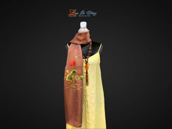 Khăn lụa trơn thêu sen nâu cà phê