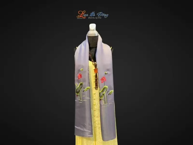 Khăn lụa trơn thêu sen tím xám