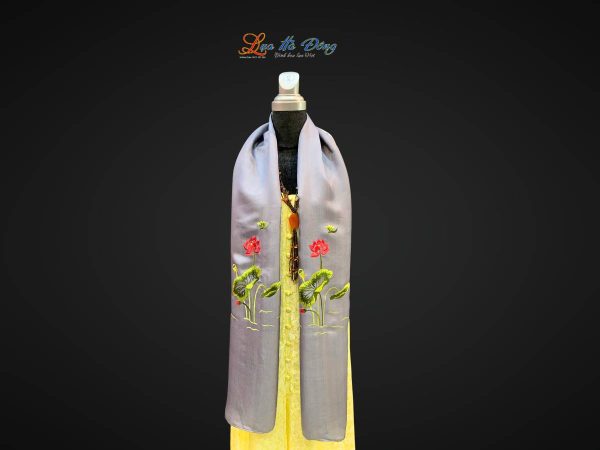 Khăn lụa trơn thêu sen xám