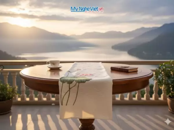 Khăn lụa đũi họa tiết hoa sen thêu tay 100% silk