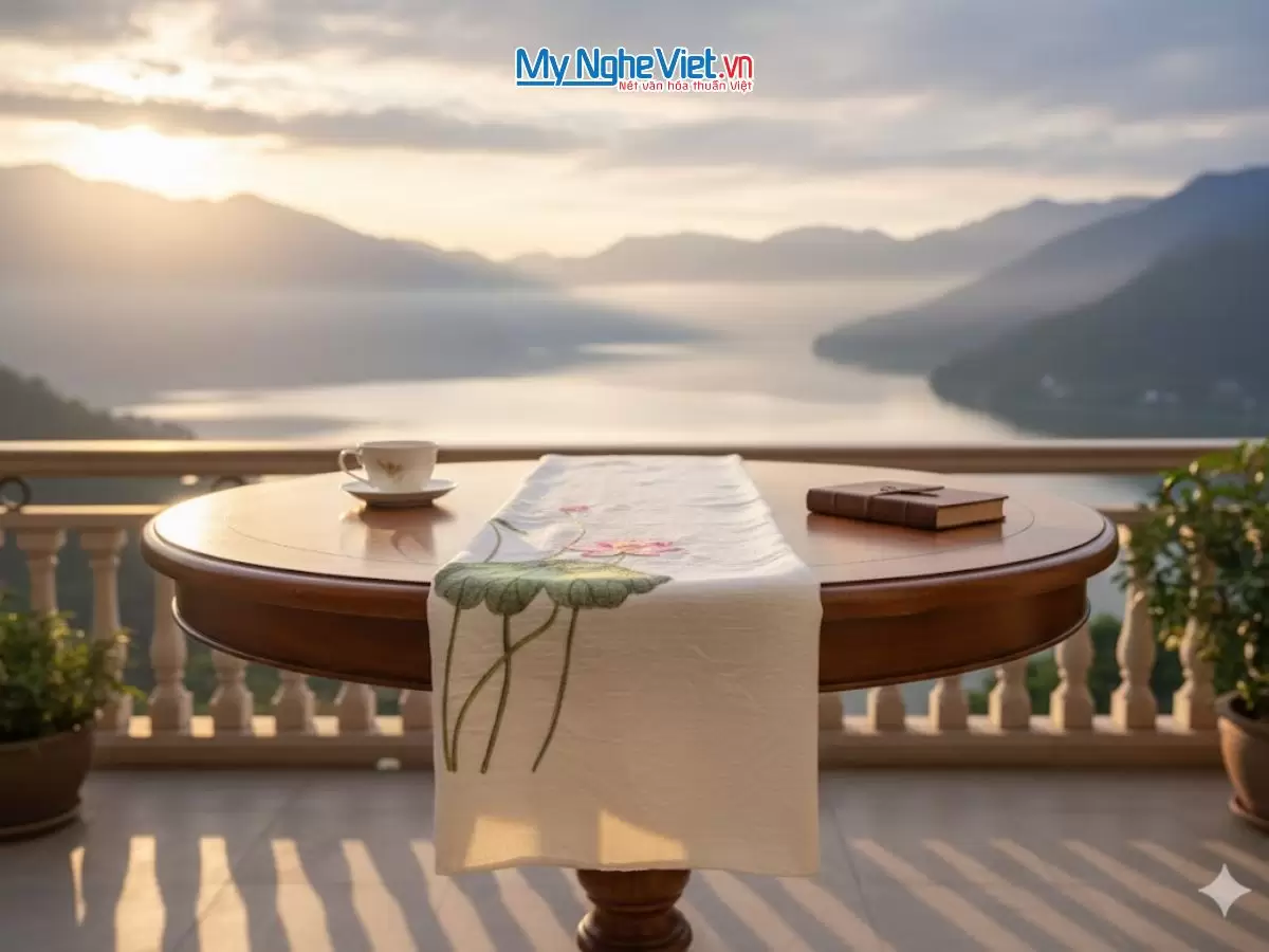 Khăn lụa đũi họa tiết hoa sen thêu tay 100% silk (12) Khăn lụa đũi họa tiết hoa sen thêu tay 100% silk