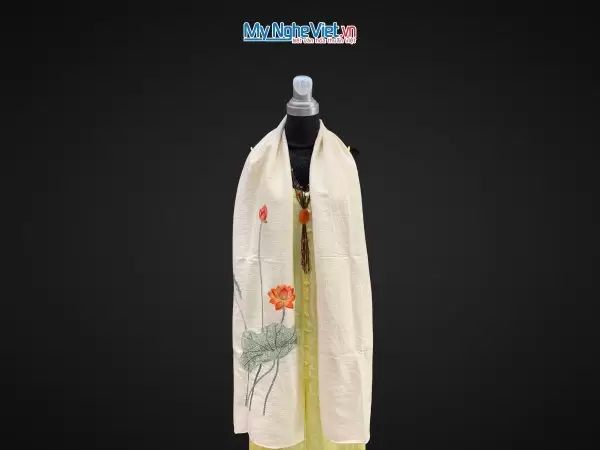 Khăn lụa đũi họa tiết hoa sen thêu tay 100% silk