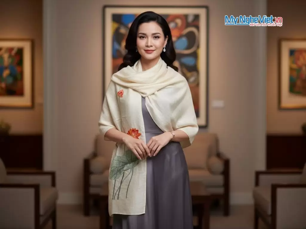 Khăn lụa đũi họa tiết hoa sen thêu tay 100% silk
