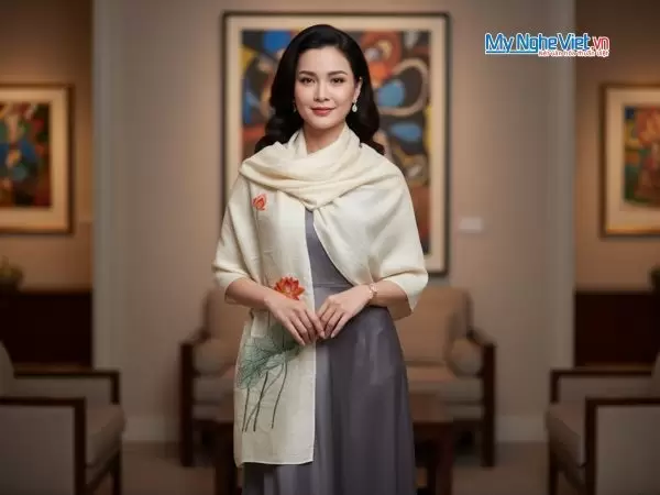 Khăn lụa đũi họa tiết hoa sen thêu tay 100% silk