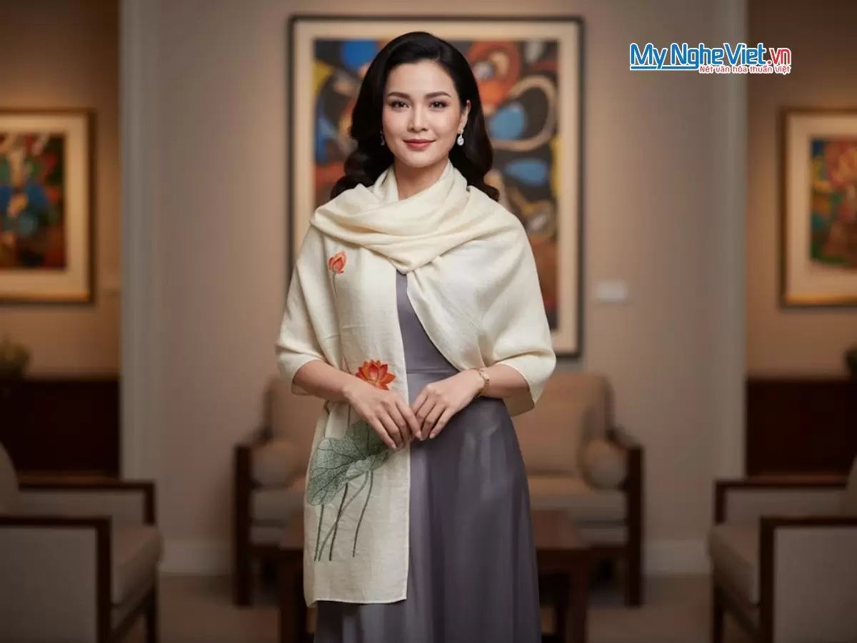 Khăn lụa đũi họa tiết hoa sen thêu tay 100% silk (16) Khăn lụa đũi họa tiết hoa sen thêu tay 100% silk