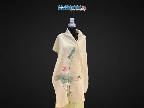 Khăn lụa đũi họa tiết hoa sen thêu tay 100% silk