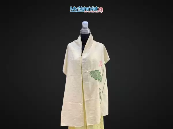 Khăn lụa đũi họa tiết hoa sen thêu tay 100% silk
