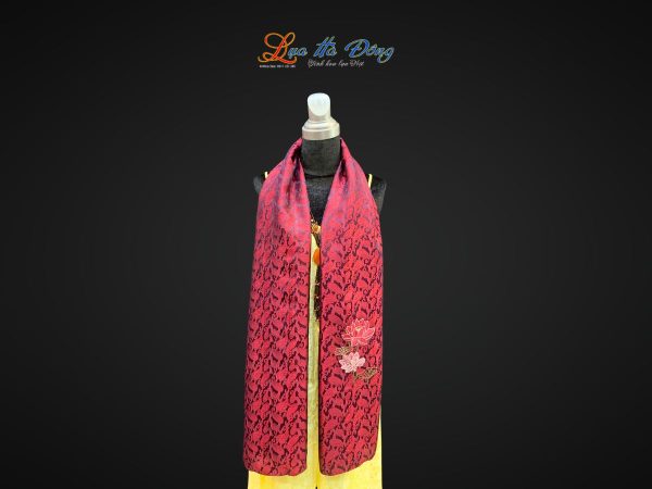 Khăn lụa thêu tay đuôi công đỏ đen