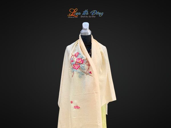 Khăn lụa vân cổ thêu tay lá cây kem