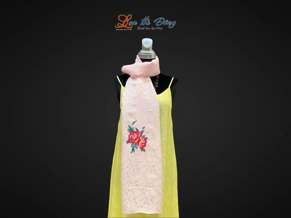 Khăn lụa tơ tằm thêu hoa (34) Khăn lụa thêu tay đuôi công hồng