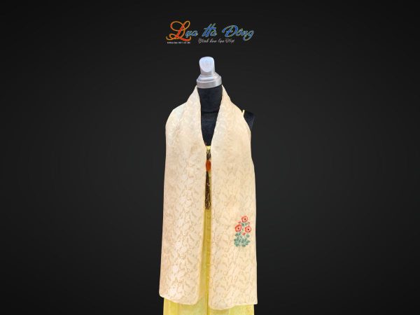 Khăn lụa thêu tay đuôi công kem