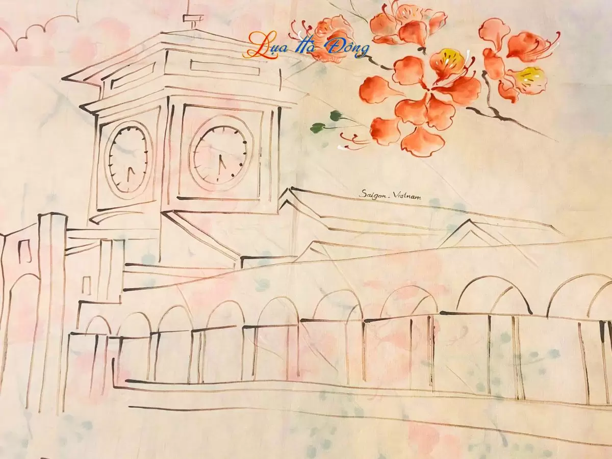 Khăn lụa tơ tằm vẽ chợ bến thành (12) Khăn lụa tơ tằm vẽ tay chợ Bến Thành