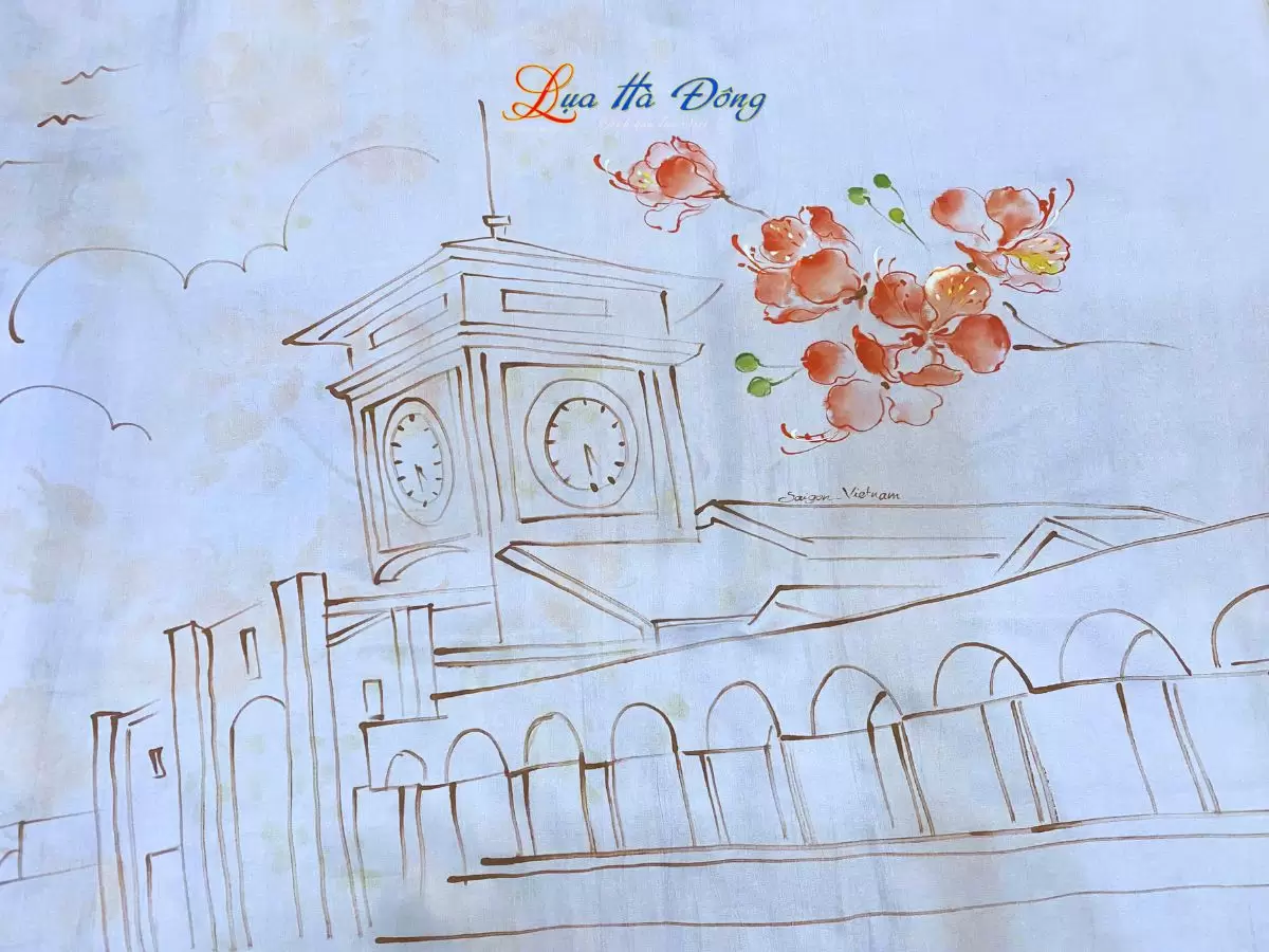 Khăn lụa tơ tằm vẽ chợ bến thành (3) Khăn lụa tơ tằm vẽ tay chợ Bến Thành