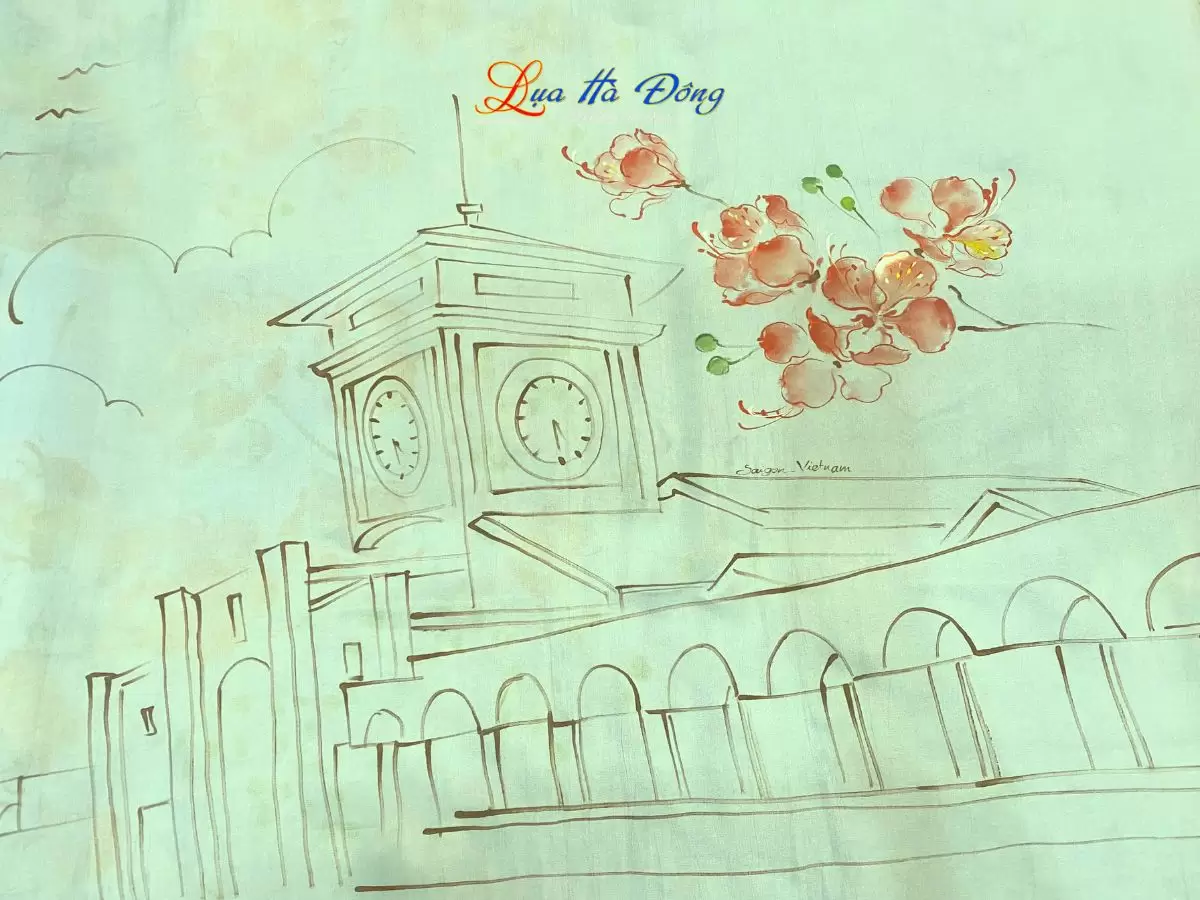 Khăn lụa tơ tằm vẽ chợ bến thành (6) Khăn lụa tơ tằm vẽ tay chợ Bến Thành