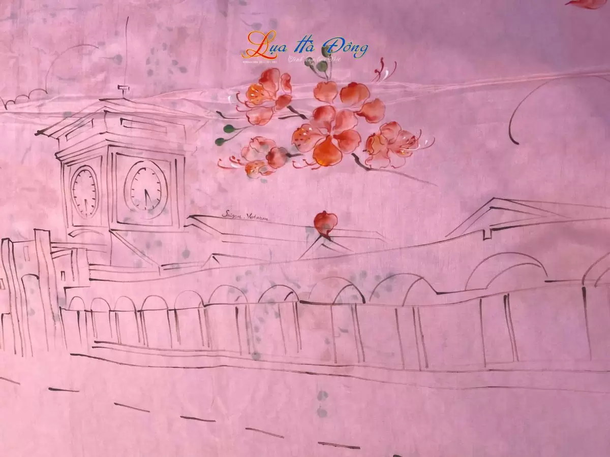 Khăn lụa tơ tằm vẽ chợ bến thành (9) Khăn lụa tơ tằm vẽ tay chợ Bến Thành