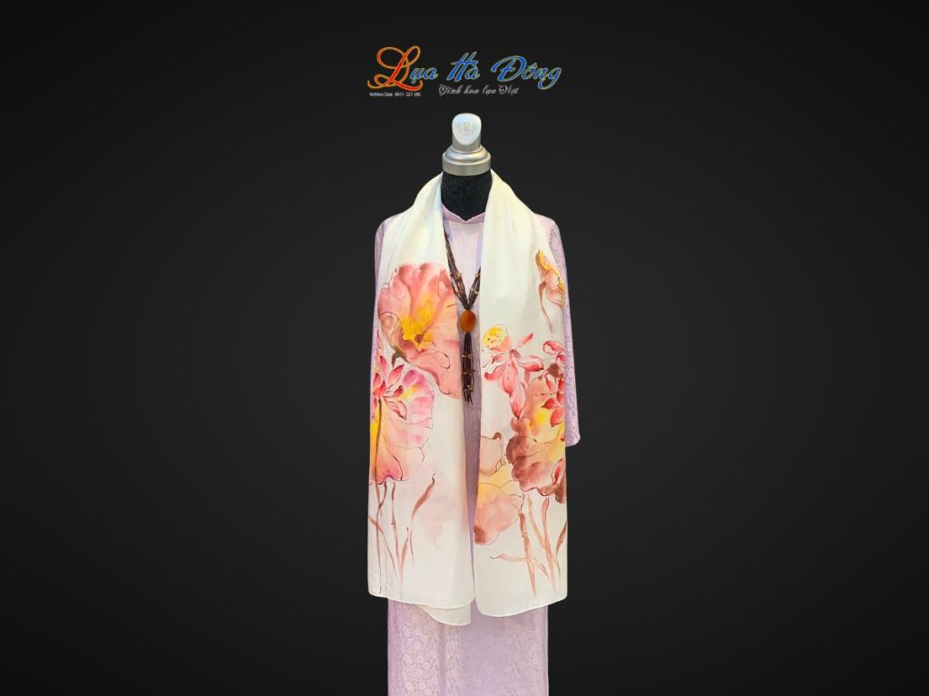 Khăn lụa tơ tằm màu trắng hoa sen