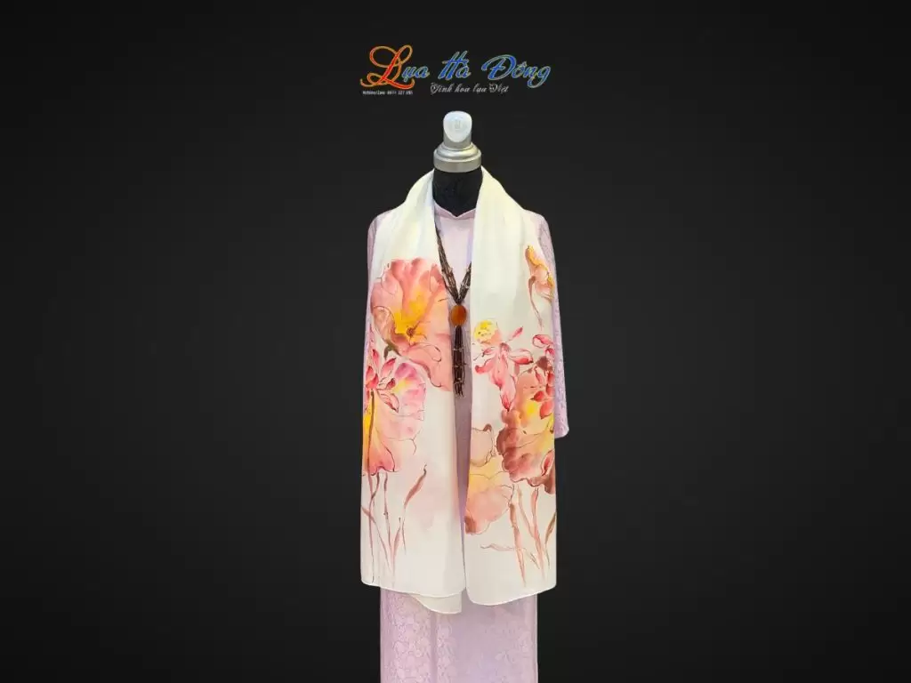 Khăn lụa tơ tằm màu trắng hoa sen