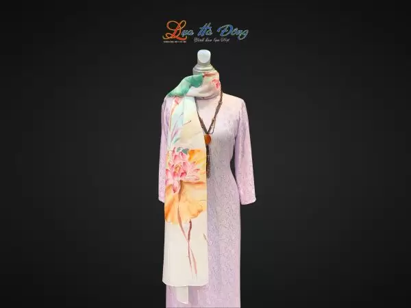Khăn lụa tơ tằm màu trắng hoa sen