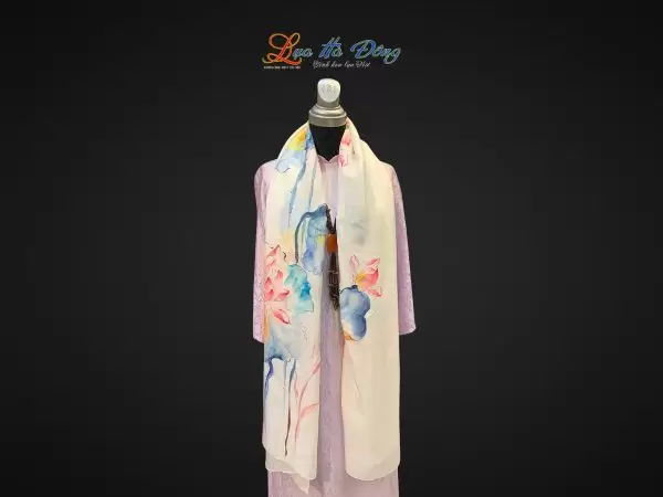 Khăn lụa tơ tằm màu trắng hoa sen
