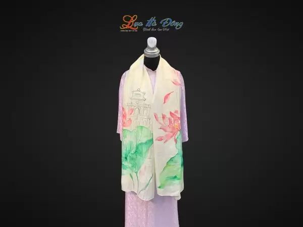 Khăn lụa tơ tằm vẽ tay Hồ Gươm màu kem