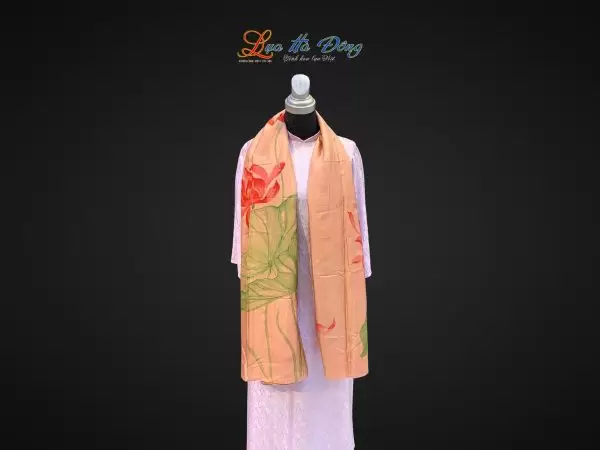 Khăn lụa tơ tằm vẽ tay sen hồng cam