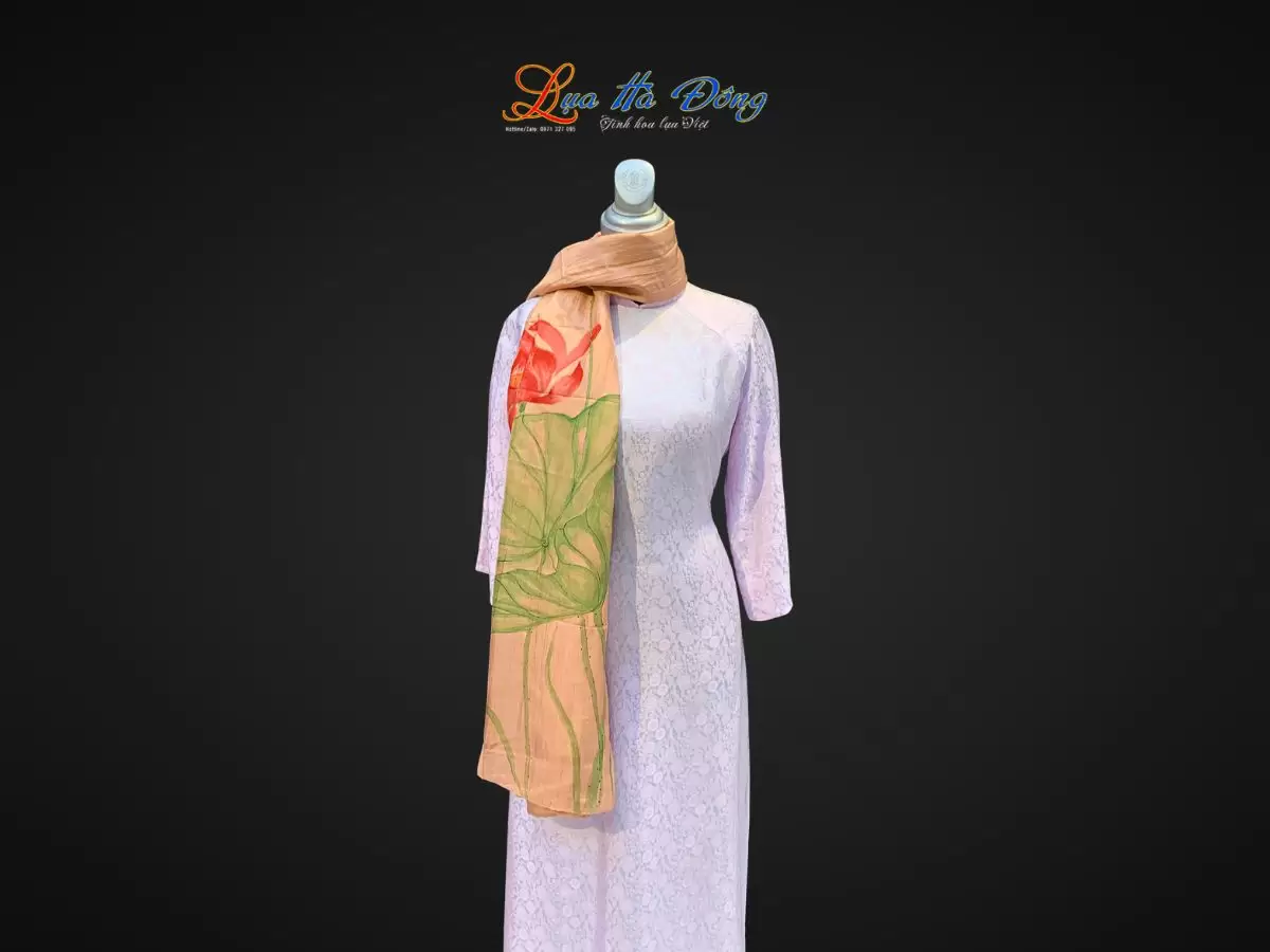 Khăn lụa tơ tằm vẽ tay sen (11) Khăn lụa tơ tằm vẽ tay sen hồng cam
