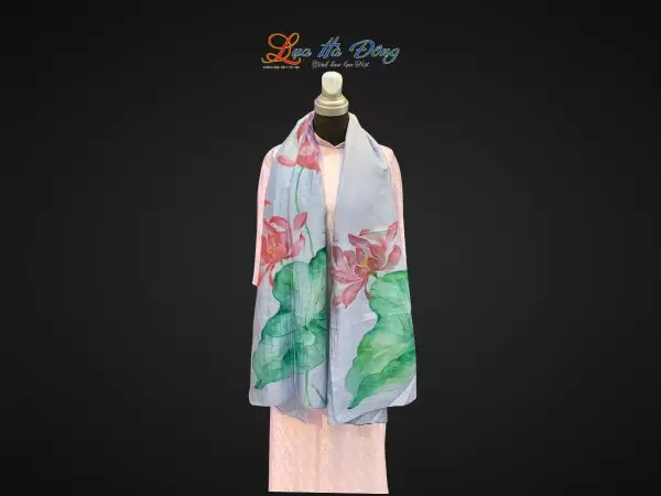 Khăn lụa tơ tằm vẽ tay sen màu xanh