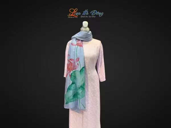 Khăn lụa tơ tằm vẽ tay sen màu xanh