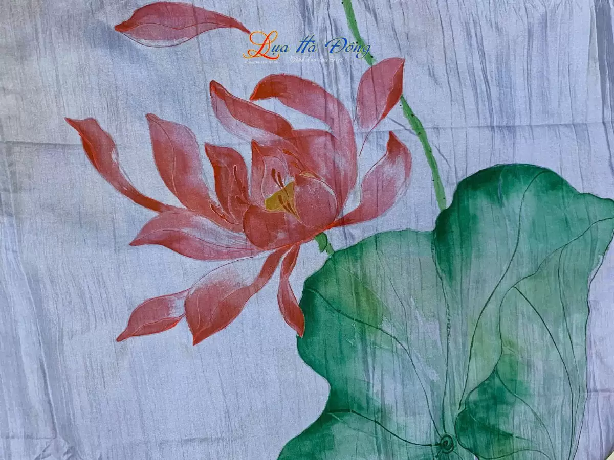 Khăn lụa tơ tằm vẽ tay sen (15) Khăn lụa tơ tằm vẽ tay sen màu xanh