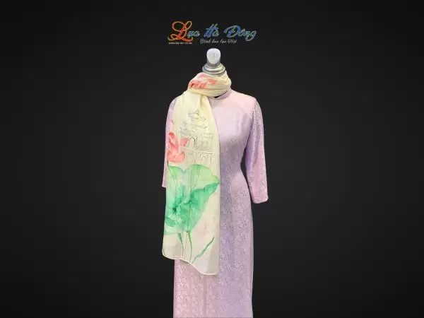 Khăn lụa tơ tằm vẽ tay Hồ Gươm màu kem