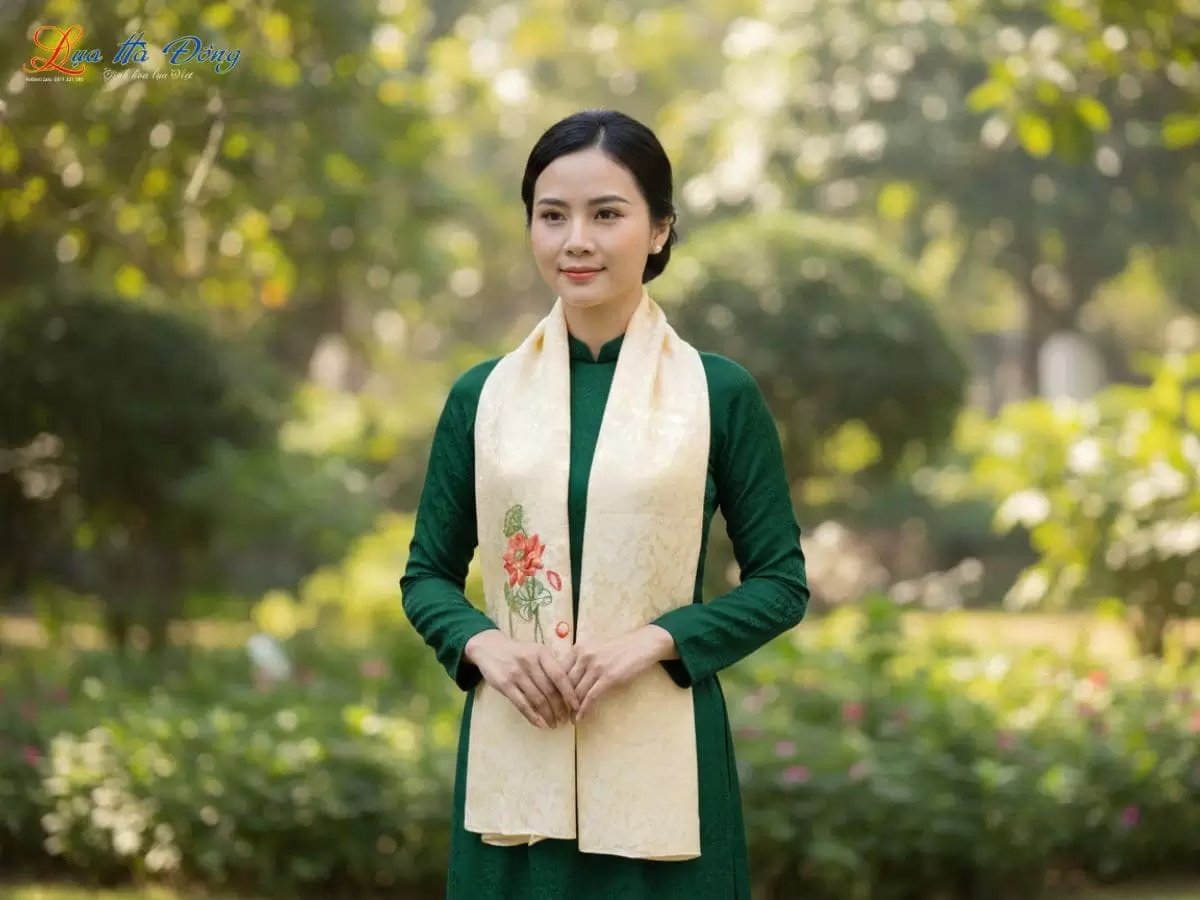 Khăn lụa thêu tay họa tiết đuôi cong màu kem